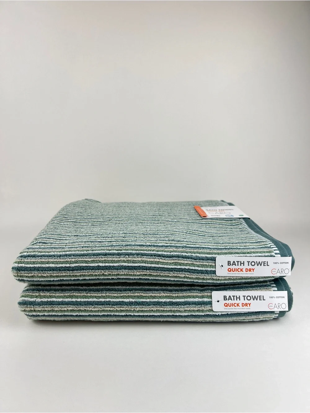 CARO Home Bath Towels Green Yellow White Striped Soft 100% Cotton 2 Pc Set NEW